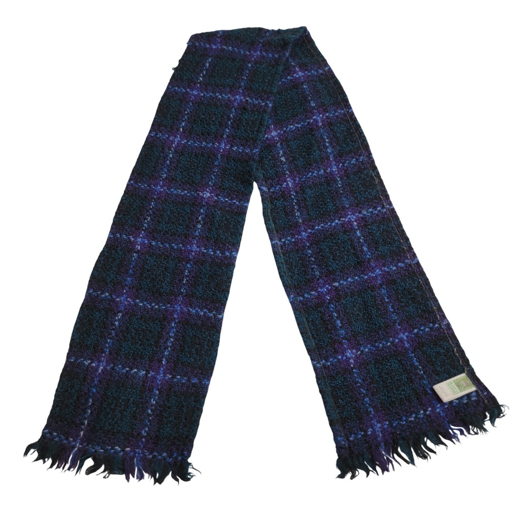 Branigan Weavers Woven Wool Plaid Scarf Fringe Made in Ireland Blue Purple Green